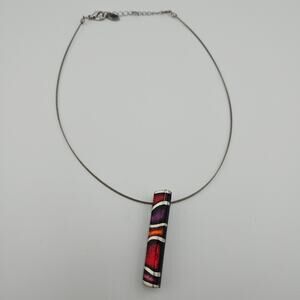 Watch The Space Rectangle Glass Long Pendant Chain Necklace Colorful Abstract